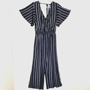 Express Jumpsuit Size M Blue White Striped Jumpsuit V-neck Wide Leg Size Medium